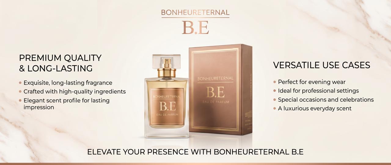 Bonheur Eternal B.E Eau de Parfum bottle and presentation box on marble; highlights premium quality, long-lasting scent, and versatile wear from evening to everyday.