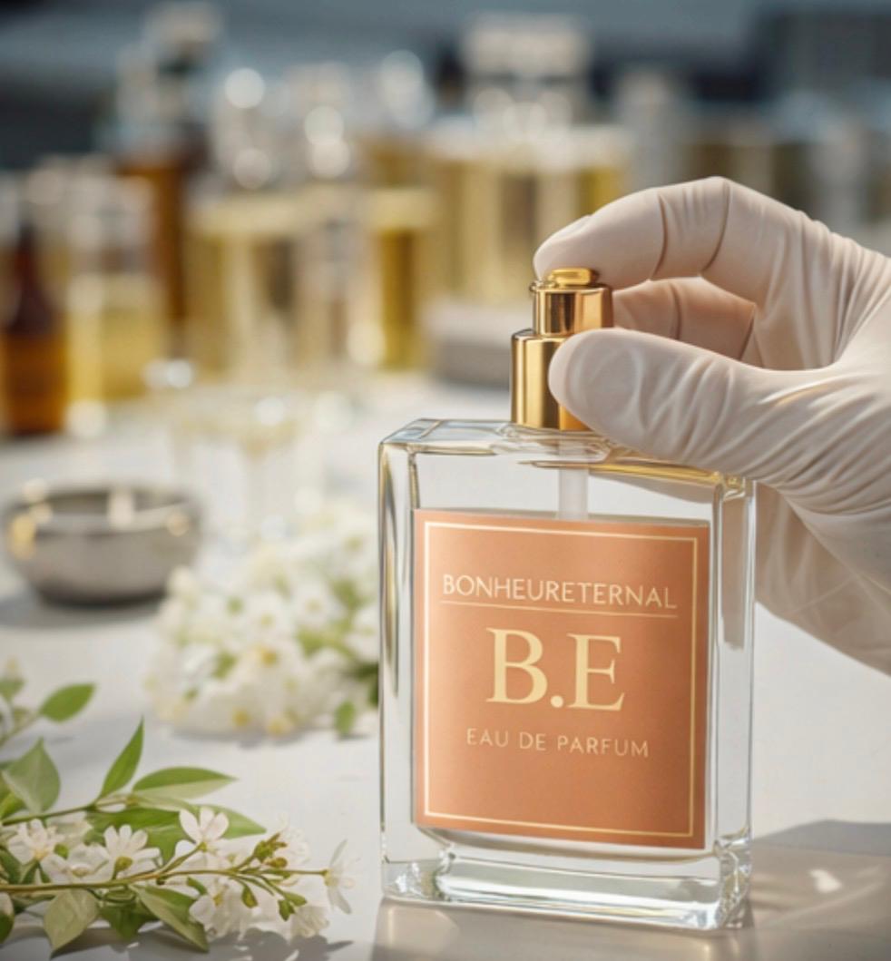 A gloved hand reaching for a Bonheur Eternal flacon amid apothecary bottles and fresh jasmine — the Bonheur Eternal atelier