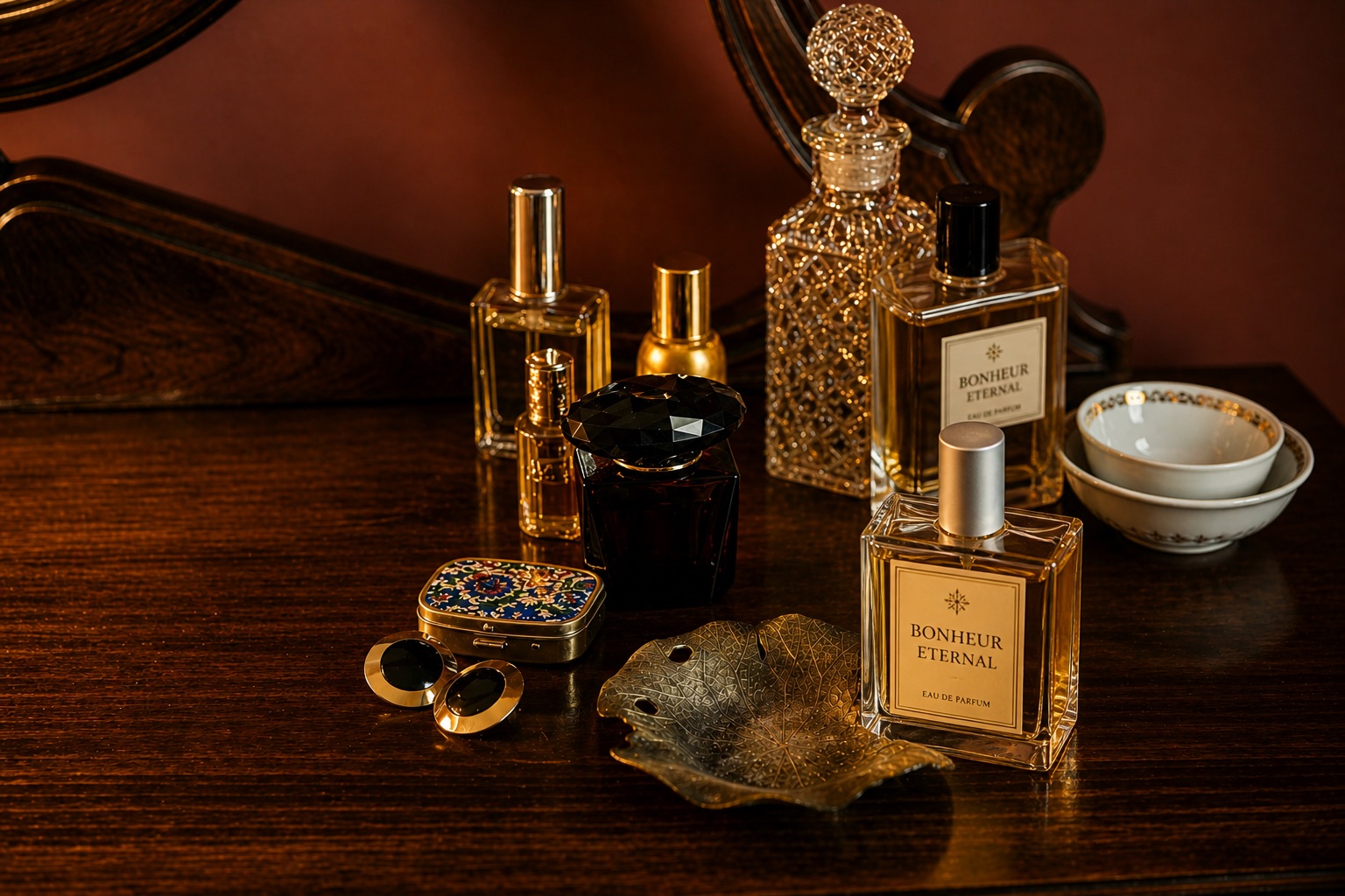 The Bonheur Eternal collection — perfume bottles arranged on a warm wood vanity, lit in low golden light