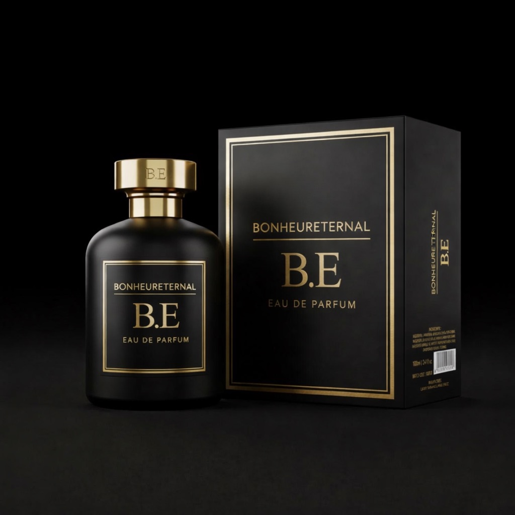 Essence Box — a dark Bonheur Eternal bottle beside its gold-bordered presentation box