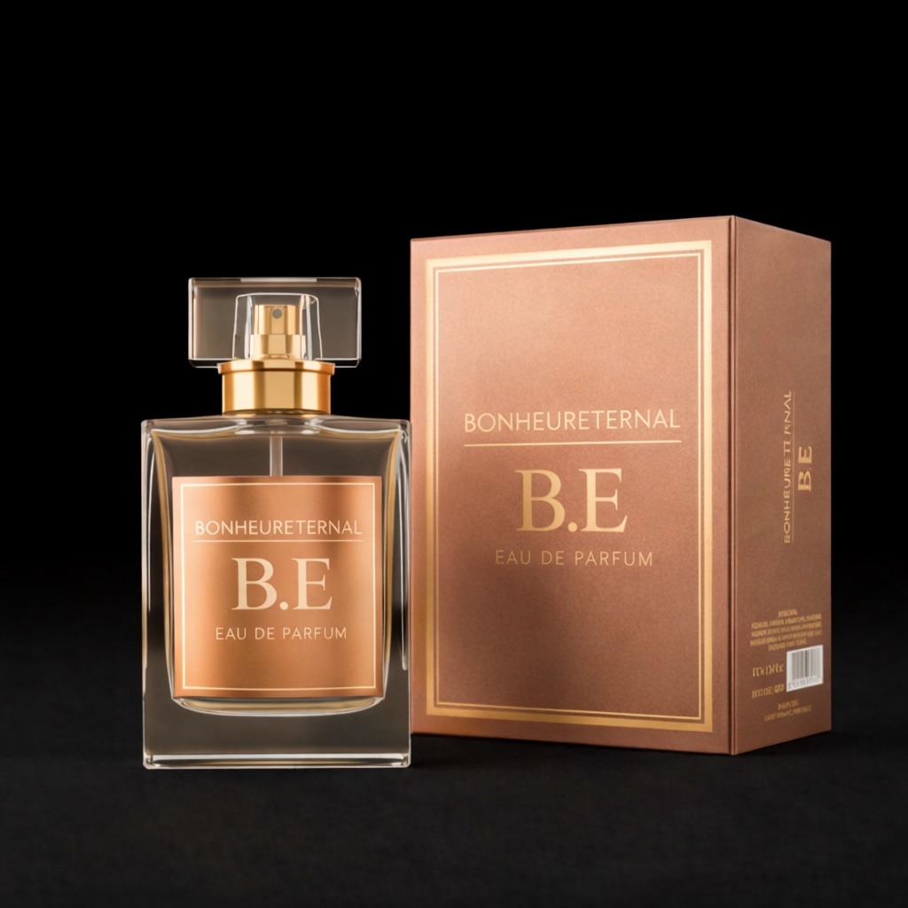 Nuit Dorée — a dark Bonheur Eternal bottle with a gold label beside its matching box at twilight